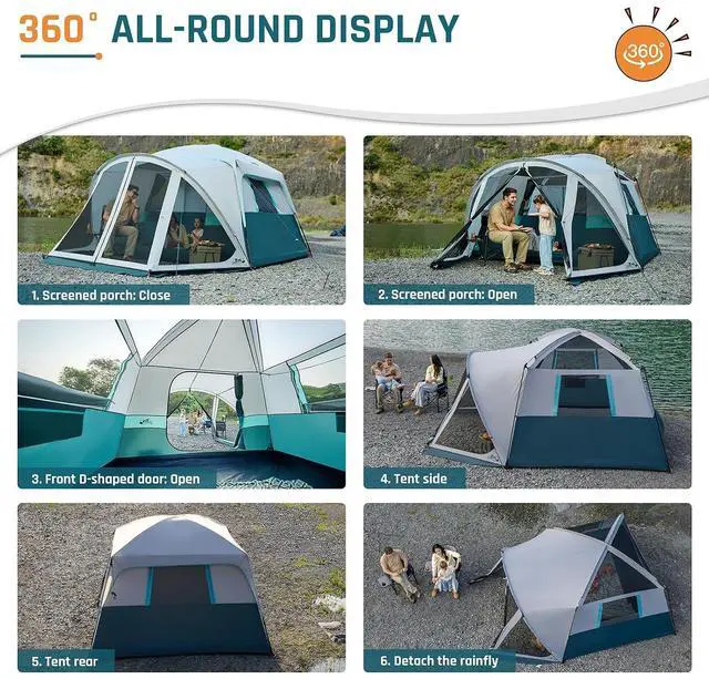 Alt view image 4 of 7 - 6/8/10 Person Tents for Camping Cabin Tent with Screen Porch | Weatherproof Family Tent with Rainfly & 5 Mesh Windows, Windproof Car Camping Tent with Carry Bag for Outdoor Camping Hiking