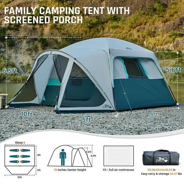 Alt view image 6 of 7 - 6/8/10 Person Tents for Camping Cabin Tent with Screen Porch | Weatherproof Family Tent with Rainfly & 5 Mesh Windows, Windproof Car Camping Tent with Carry Bag for Outdoor Camping Hiking