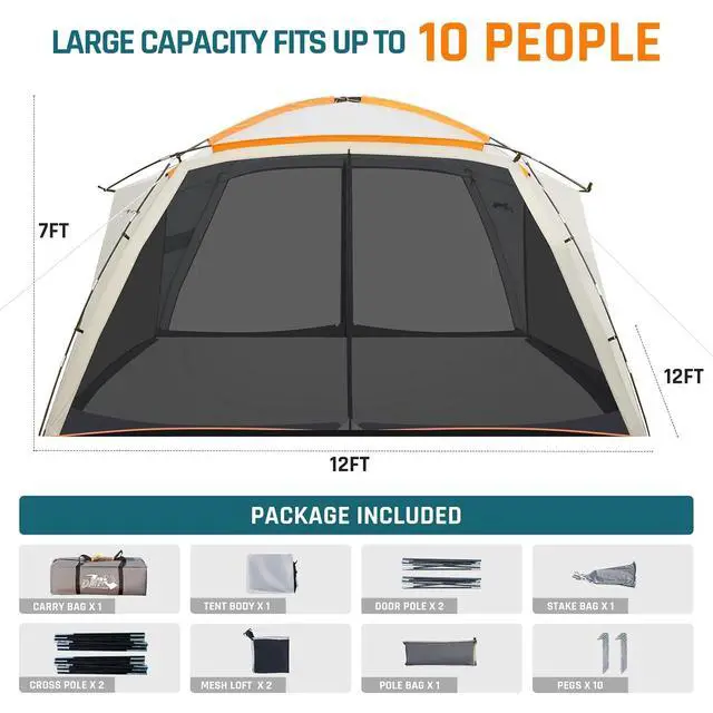 Alt view image 3 of 7 - Screen House Tent 12x12 FT with Mesh Walls & 2 Zipper Doors | Portable Sunshade Screen Room Canopy Shelter with Carry Bay, Outdoor Gazebo for 10 People Backyard Picnic Camping Patio Beach