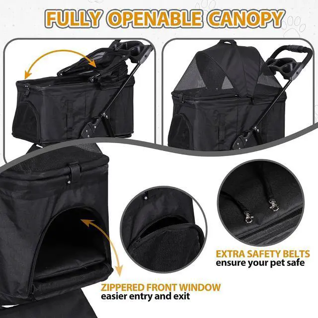 Alt view image 6 of 7 - Pet Stroller 4 Wheels Dog Cat Stroller for Small Medium Dog Cats Carrier Jogger Travel Foldable Puppy with Detachable Carrier