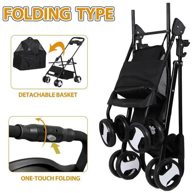Alt view image 7 of 7 - Pet Stroller 4 Wheels Dog Cat Stroller for Small Medium Dog Cats Carrier Jogger Travel Foldable Puppy with Detachable Carrier