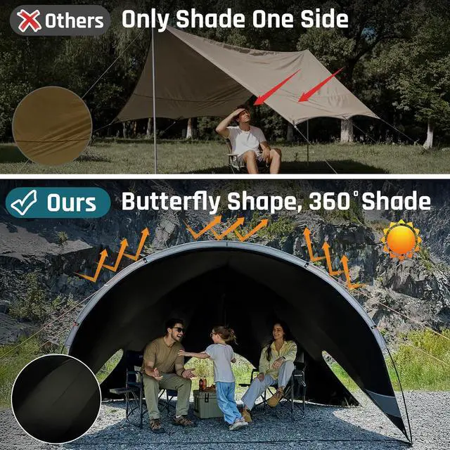 Alt view image 2 of 7 - Blackout Camping Tarp w/Poles Camping Shade Canopy UPF 50+ | Large 8'6" Tall Butterfly Camping Awning Tent Tarp with 360°Sun Shelter, Easy Setup Waterproof for Car, Outdoor, Picnic Gray