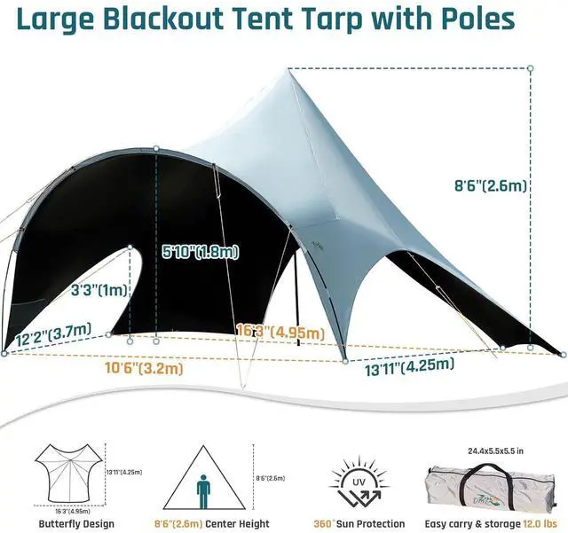 Alt view image 6 of 7 - Blackout Camping Tarp w/Poles Camping Shade Canopy UPF 50+ | Large 8'6" Tall Butterfly Camping Awning Tent Tarp with 360°Sun Shelter, Easy Setup Waterproof for Car, Outdoor, Picnic Gray