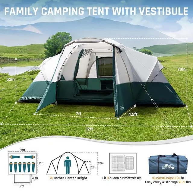 Alt view image 6 of 7 - 8/11 Person Large Family Camping Tent Tunnel Tent with Porch | Water Resistant Windproof Tents for Camping with Rainfly, 6 Mesh Windows, Double Layer, Carry Bag for Car Camping, Patio