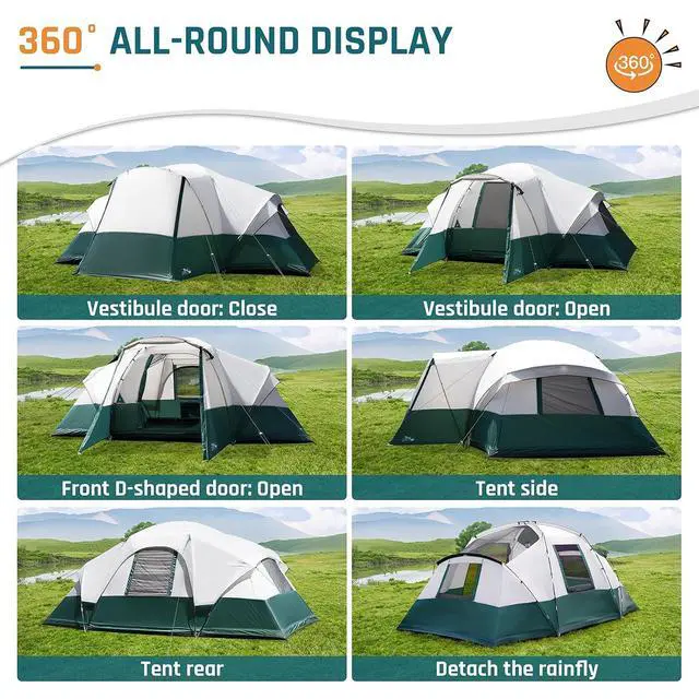Alt view image 7 of 7 - 8/11 Person Large Family Camping Tent Tunnel Tent with Porch | Water Resistant Windproof Tents for Camping with Rainfly, 6 Mesh Windows, Double Layer, Carry Bag for Car Camping, Patio