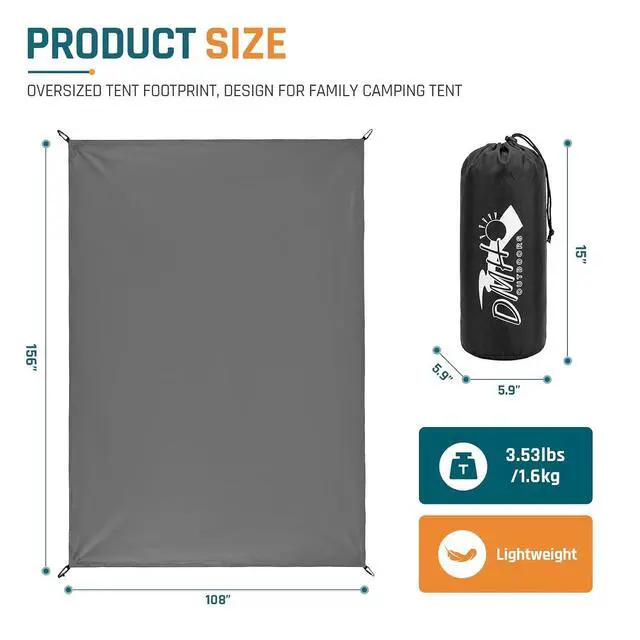 Alt view image 2 of 7 - 13x9FT Tent Footprint Waterproof Camping Tarp for Screen House | Portable Heavy Duty PU3000MM Tent Floor with Storage Bag, Tent Tarp for Picnic, Hiking, Backpacking, Hammock, Beach, Gray