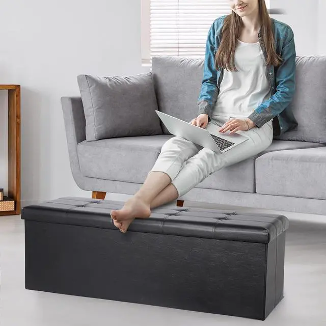 Alt view image 2 of 7 - 43-Inch Folding Ottoman Storage Footstool Bench, Square Faux Leather Footstool Long Chest with for The End of Bedroom,Living Room, Hallway, Black