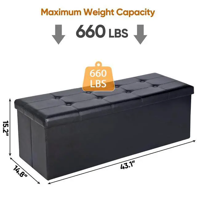 Alt view image 3 of 7 - 43-Inch Folding Ottoman Storage Footstool Bench, Square Faux Leather Footstool Long Chest with for The End of Bedroom,Living Room, Hallway, Black