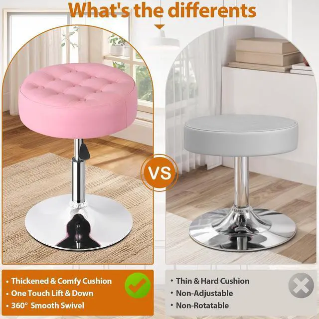 Alt view image 7 of 7 - Vanity Chair Stool Modern Tufted Round Ottoman Stool Swivel Makeup Chair for Bathroom Bedroom Living Room (Pink)