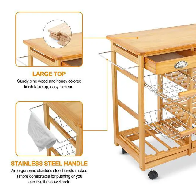 Alt view image 4 of 7 - Kitchen Island Cart with Storage, Rolling Side Table on Wheels with 2 Drawers, 3 Shelves, Lockable Casters for Dining Room, Bar