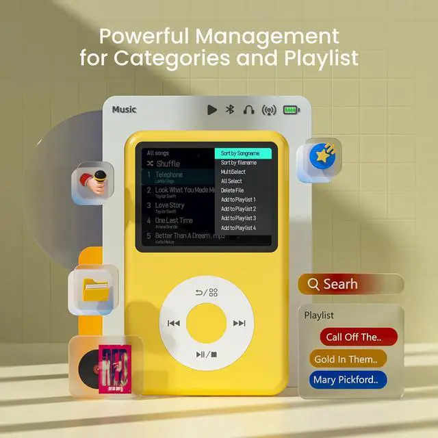 Alt view image 2 of 7 - Mp3 Player with Bluetooth Y1 Portable Music Digital Players Supports Playlist Audiobook Video Nice Gadget for Kids Yellow