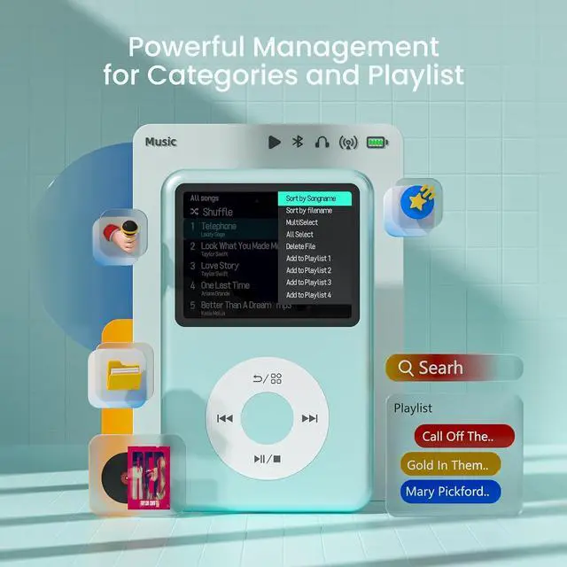 Alt view image 2 of 7 - Mp3 Player with Bluetooth Y1 Portable Music Digital Players Supports Playlist Audiobook Video Nice Gadget for Kids Teal