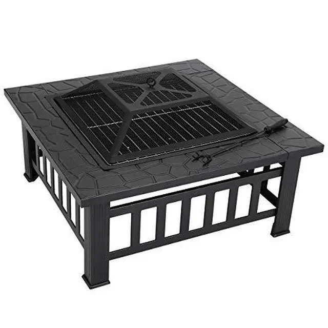 Alt view image 5 of 7 - 32 Inch Outdoor Fire Pit with Spark Screen Lid and Waterproof Cover, Square Metal Firepit Backyard Patio BBQ Garden Stove Fireplace for Camping Trip, Outside Wood Burning and Picnic