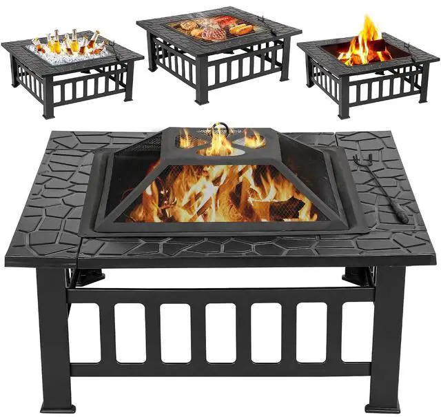 Main image of 32 Inch Outdoor Fire Pit with Spark Screen Lid and Waterproof Cover, Square Metal Firepit Backyard Patio BBQ Garden Stove Fireplace for Camping Trip, Outside Wood Burning and Picnic