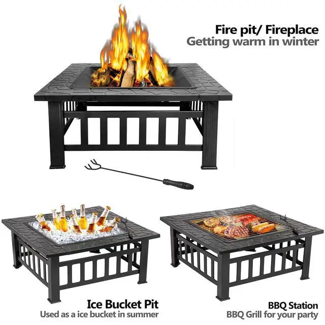 Alt view image 3 of 7 - 32 Inch Outdoor Fire Pit with Spark Screen Lid and Waterproof Cover, Square Metal Firepit Backyard Patio BBQ Garden Stove Fireplace for Camping Trip, Outside Wood Burning and Picnic