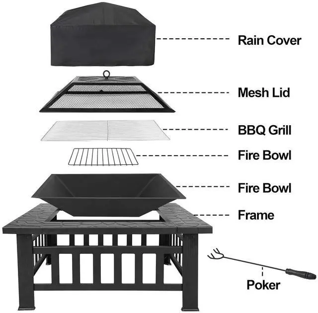 Alt view image 4 of 7 - 32 Inch Outdoor Fire Pit with Spark Screen Lid and Waterproof Cover, Square Metal Firepit Backyard Patio BBQ Garden Stove Fireplace for Camping Trip, Outside Wood Burning and Picnic