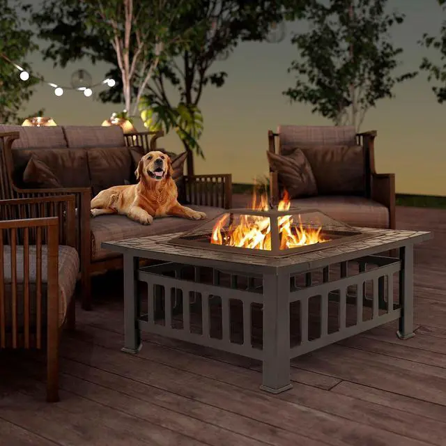 Alt view image 6 of 7 - 32 Inch Outdoor Fire Pit with Spark Screen Lid and Waterproof Cover, Square Metal Firepit Backyard Patio BBQ Garden Stove Fireplace for Camping Trip, Outside Wood Burning and Picnic