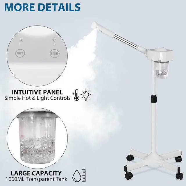 Alt view image 4 of 7 - Professional Facial Steamer On Wheels Ionic Ozone with Hot Mist Function Stand Facial Steamer for Personal Home Salon Spa Skin Cleaning