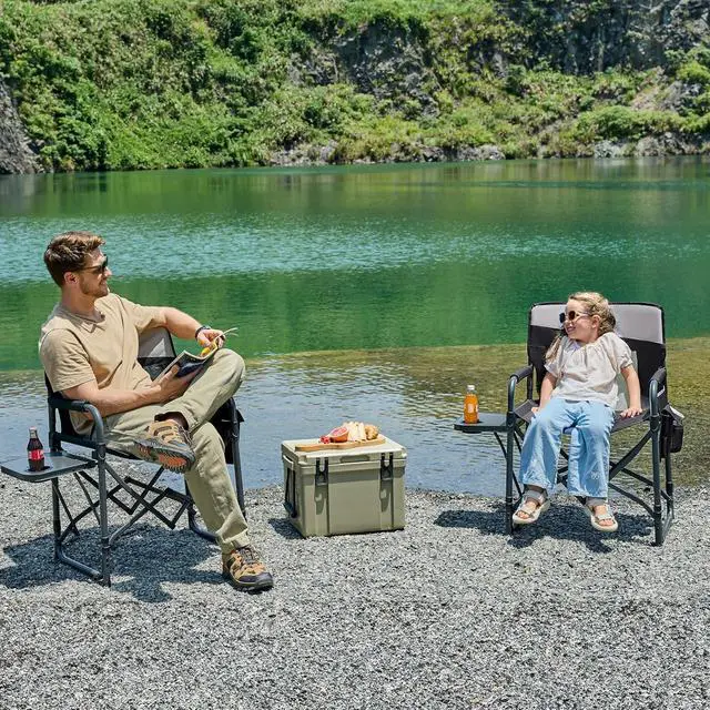 Alt view image 2 of 7 - 2 Pack Camping Directors Chair with Side Table & Breeze Mesh Backrest | Oversized Heavy Duty Lawn Chairs with Pocket, 1-Step Setup Portable Folding Camp Chair for Beach, Sports, Fishing, Tailgating