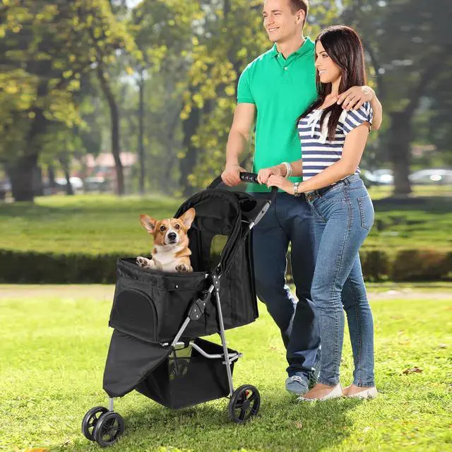 Alt view image 2 of 7 - Foldable Pet Stroller for Cats and Dogs 3 Wheels Carrier Strolling Cart with Weather Cover, Storage Basket + Cup Holder (Black)