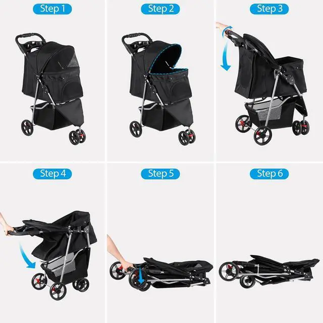 Alt view image 6 of 7 - Foldable Pet Stroller for Cats and Dogs 3 Wheels Carrier Strolling Cart with Weather Cover, Storage Basket + Cup Holder (Black)