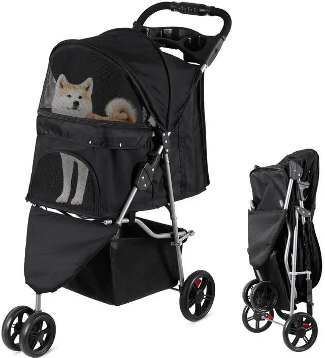 Alt view image 7 of 7 - Foldable Pet Stroller for Cats and Dogs 3 Wheels Carrier Strolling Cart with Weather Cover, Storage Basket + Cup Holder (Black)