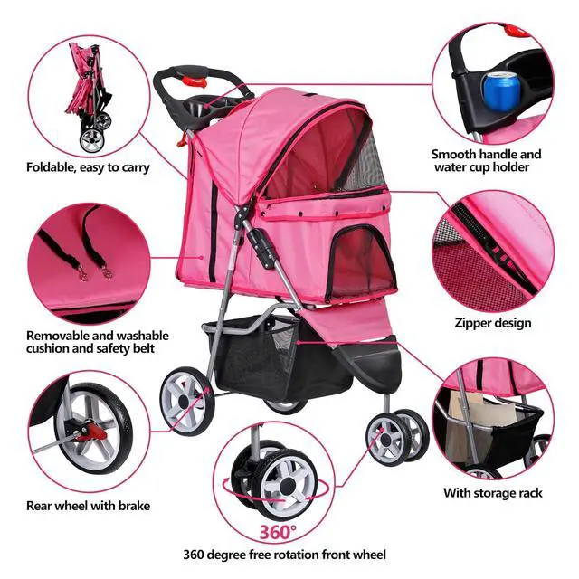 Alt view image 3 of 7 - Foldable Pet Stroller for Cats and Dogs 3 Wheels Carrier Strolling Cart with Weather Cover, Storage Basket + Cup Holder (Pink)