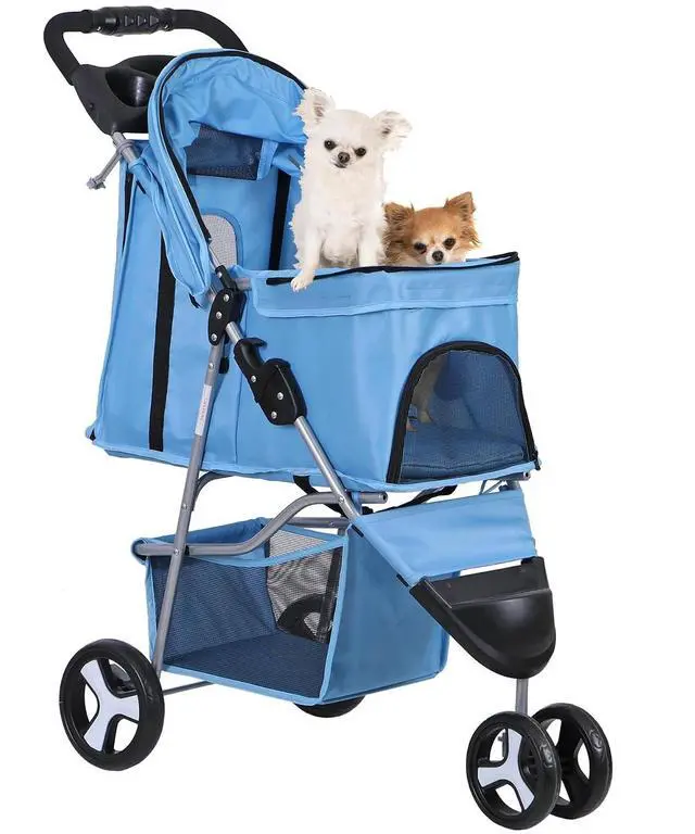 Main image of Foldable Pet Stroller for Cats and Dogs 3 Wheels Carrier Strolling Cart with Weather Cover, Storage Basket + Cup Holder (Blue)