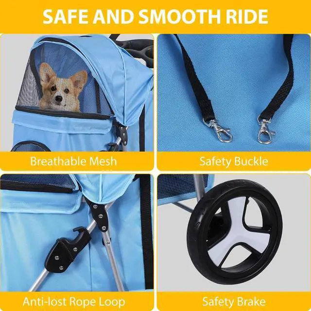 Alt view image 4 of 7 - Foldable Pet Stroller for Cats and Dogs 3 Wheels Carrier Strolling Cart with Weather Cover, Storage Basket + Cup Holder (Blue)