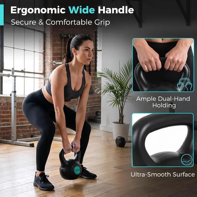 Alt view image 3 of 7 - Kettlebell Set with Wide Grip Flat Base 5lb, 10lb, 15lb, 20lb, 25lb for Home Gym Exercise Weightlifting Strength Core Training Fitness