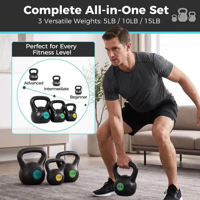 Alt view image 4 of 7 - Kettlebell Set with Wide Grip Flat Base 5lb, 10lb, 15lb, 20lb, 25lb for Home Gym Exercise Weightlifting Strength Core Training Fitness