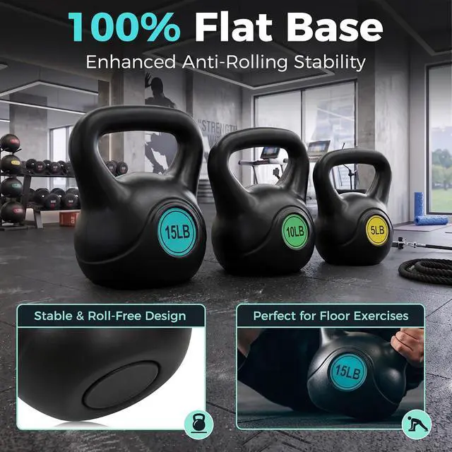 Alt view image 5 of 7 - Kettlebell Set with Wide Grip Flat Base 5lb, 10lb, 15lb, 20lb, 25lb for Home Gym Exercise Weightlifting Strength Core Training Fitness