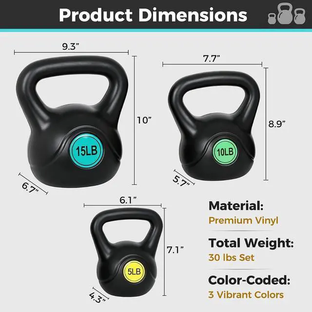 Alt view image 6 of 7 - Kettlebell Set with Wide Grip Flat Base 5lb, 10lb, 15lb, 20lb, 25lb for Home Gym Exercise Weightlifting Strength Core Training Fitness