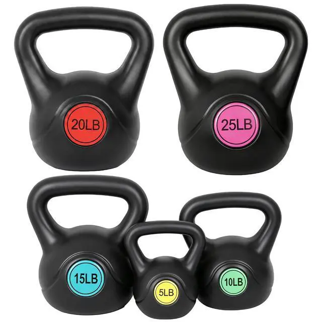 Alt view image 2 of 7 - Kettlebell Set with Wide Grip Flat Base 5lb, 10lb, 15lb, 20lb, 25lb for Home Gym Exercise Weightlifting Strength Core Training Fitness
