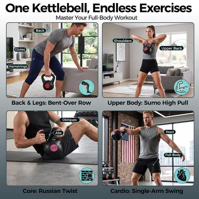 Alt view image 5 of 7 - Kettlebell Set with Wide Grip Flat Base 5lb, 10lb, 15lb, 20lb, 25lb for Home Gym Exercise Weightlifting Strength Core Training Fitness