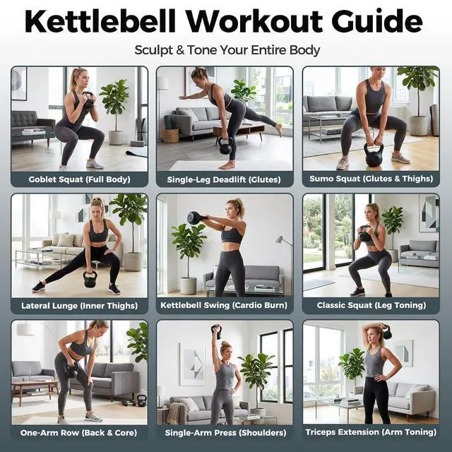Alt view image 6 of 7 - Kettlebell Set with Wide Grip Flat Base 5lb, 10lb, 15lb, 20lb, 25lb for Home Gym Exercise Weightlifting Strength Core Training Fitness