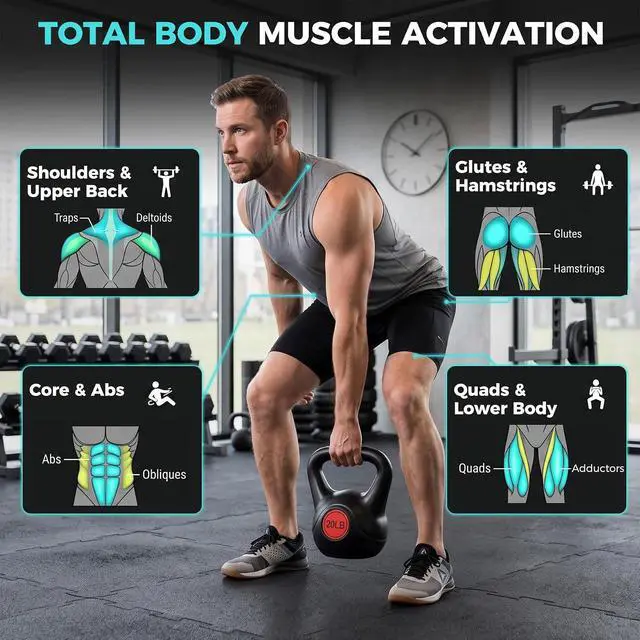 Alt view image 7 of 7 - Kettlebell Set with Wide Grip Flat Base 5lb, 10lb, 15lb, 20lb, 25lb for Home Gym Exercise Weightlifting Strength Core Training Fitness