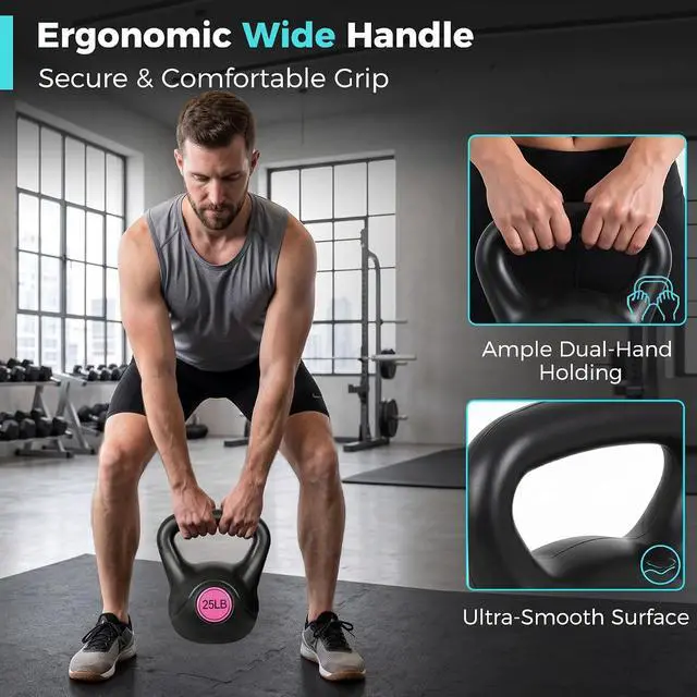 Alt view image 3 of 7 - Kettlebell Set with Wide Grip Flat Base 5lb, 10lb, 15lb, 20lb, 25lb for Home Gym Exercise Weightlifting Strength Core Training Fitness