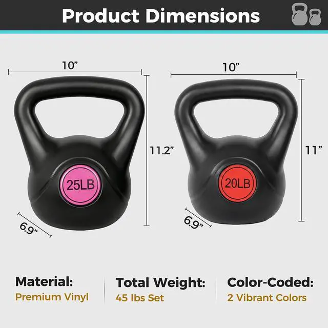 Alt view image 7 of 7 - Kettlebell Set with Wide Grip Flat Base 5lb, 10lb, 15lb, 20lb, 25lb for Home Gym Exercise Weightlifting Strength Core Training Fitness