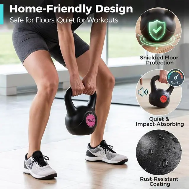 Alt view image 6 of 7 - Kettlebell Set with Wide Grip Flat Base 5lb, 10lb, 15lb, 20lb, 25lb for Home Gym Exercise Weightlifting Strength Core Training Fitness