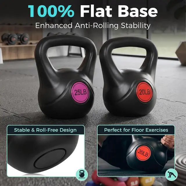 Alt view image 5 of 7 - Kettlebell Set with Wide Grip Flat Base 5lb, 10lb, 15lb, 20lb, 25lb for Home Gym Exercise Weightlifting Strength Core Training Fitness