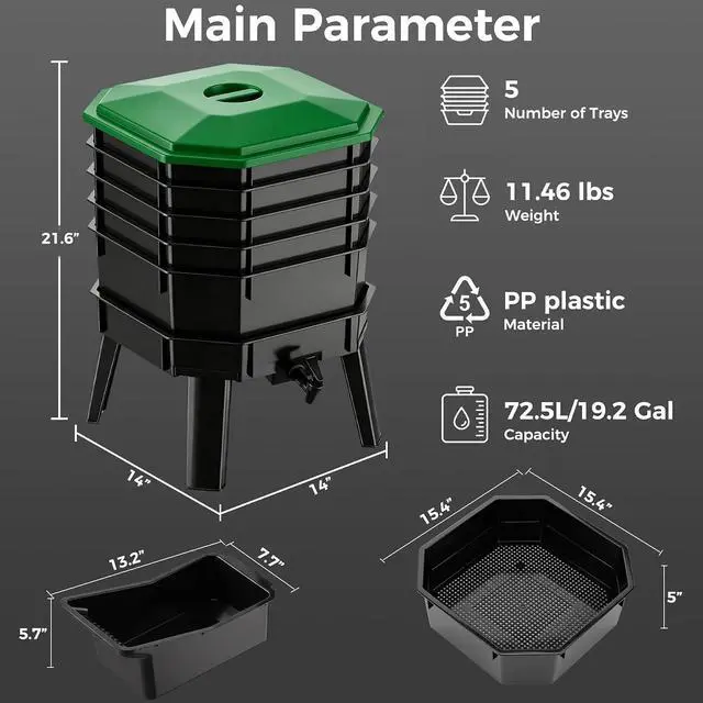 Alt view image 4 of 7 - 72.5L 5-Layer Stackable Worm Compost Bin, Complete Inclusive Worm Farm Kit with Easy Setup Design, Indoor Outdoor Worm Composter for Recycling Kitchen Food Waste & Organic Compost Making