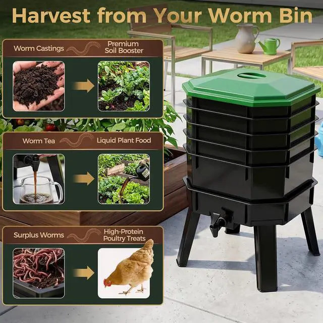 Alt view image 2 of 7 - 72.5L 5-Layer Stackable Worm Compost Bin, Complete Inclusive Worm Farm Kit with Easy Setup Design, Indoor Outdoor Worm Composter for Recycling Kitchen Food Waste & Organic Compost Making
