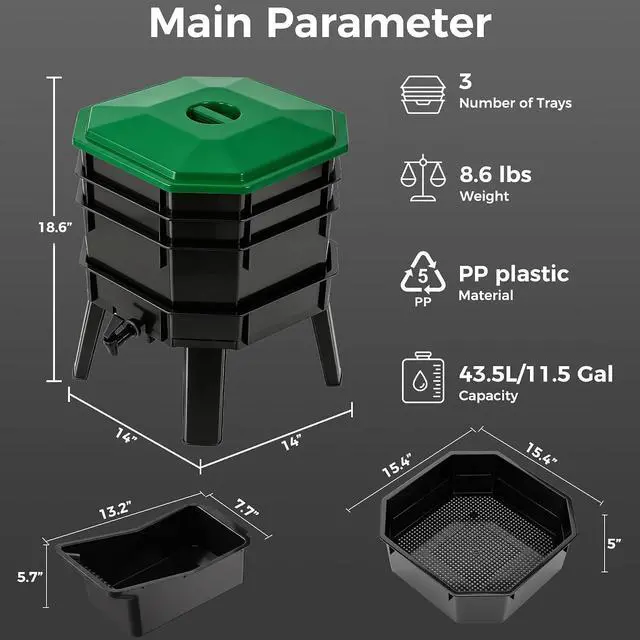 Alt view image 4 of 7 - 43.5L 3-Layer Stackable Worm Compost Bin, Complete Inclusive Worm Farm Kit with Easy Setup Design, Indoor Outdoor Worm Composter for Recycling Kitchen Food Waste & Organic Compost Making