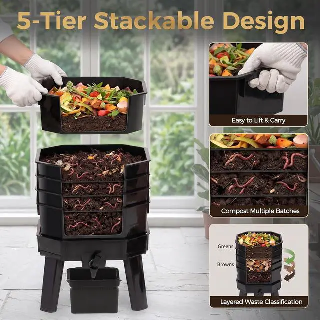 Alt view image 7 of 7 - 72.5L 5-Layer Stackable Worm Compost Bin, Complete Inclusive Worm Farm Kit with Easy Setup Design, Indoor Outdoor Worm Composter for Recycling Kitchen Food Waste & Organic Compost Making