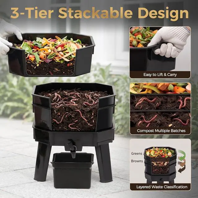 Alt view image 7 of 7 - 43.5L 3-Layer Stackable Worm Compost Bin, Complete Inclusive Worm Farm Kit with Easy Setup Design, Indoor Outdoor Worm Composter for Recycling Kitchen Food Waste & Organic Compost Making