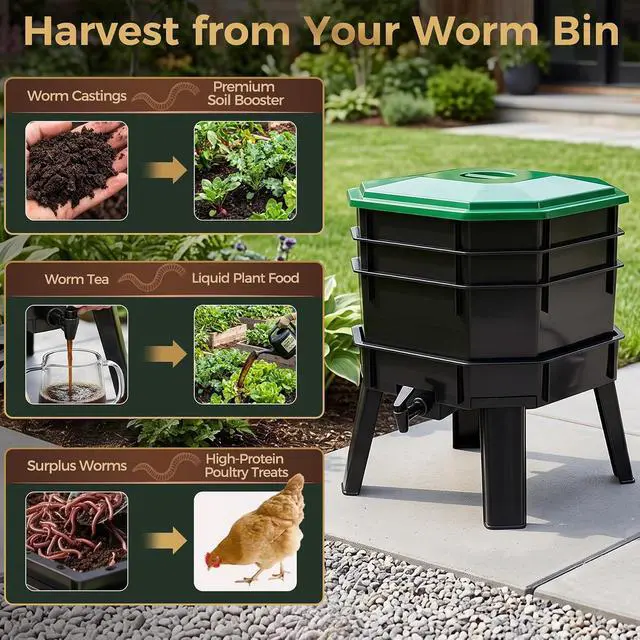 Alt view image 2 of 7 - 43.5L 3-Layer Stackable Worm Compost Bin, Complete Inclusive Worm Farm Kit with Easy Setup Design, Indoor Outdoor Worm Composter for Recycling Kitchen Food Waste & Organic Compost Making