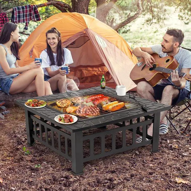 Alt view image 2 of 7 - 32 Inch Outdoor Fire Pit with Spark Screen Lid and Waterproof Cover, Square Metal Firepit Backyard Patio BBQ Garden Stove Fireplace for Camping Trip, Outside Wood Burning and Picnic