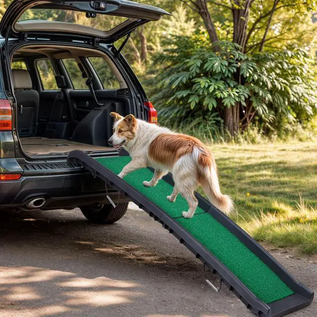 Alt view image 2 of 7 - Folding Dog Ramp for Car Truck SUV 61 Inches Portable Pet Ramp with Grass Padded for Large Dogs Non Slip with Raised Siderails (Grass Surface)