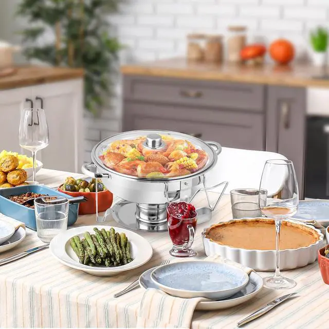 Alt view image 2 of 7 - Chafing Dish Buffet Set 5 QT Stainless Steel Chafing Dishes Round Buffet Food Warmer Chafers Set for Parties Catering Event with Glass Lid, Lid Holder 2 packs